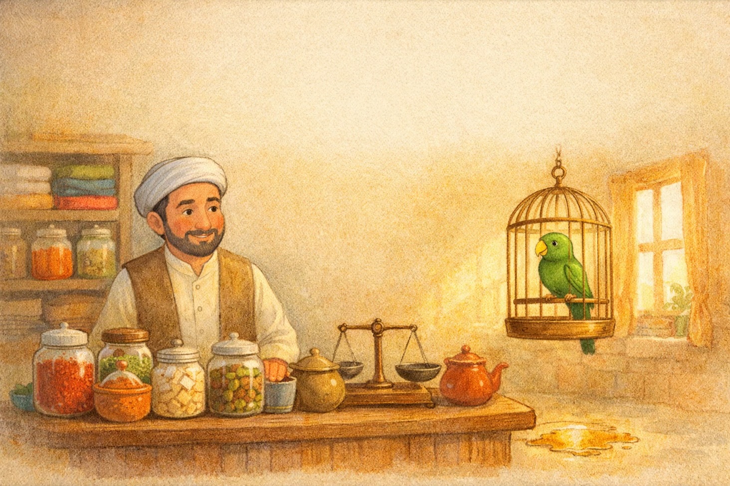 تصویرسازی کودکانه داستان طوطی و بقال در مغازه سنتی ایرانی، طوطی سبز در قفس و باقل مهربان پشت پیشخوان، نور گرم و فضای دوستاه